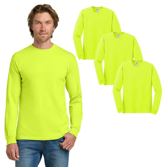 Gildan Heavy Cotton Men's High Visibility T-Shirt, Long Sleeve Work Tee, Safety Green, 3-Pack, S