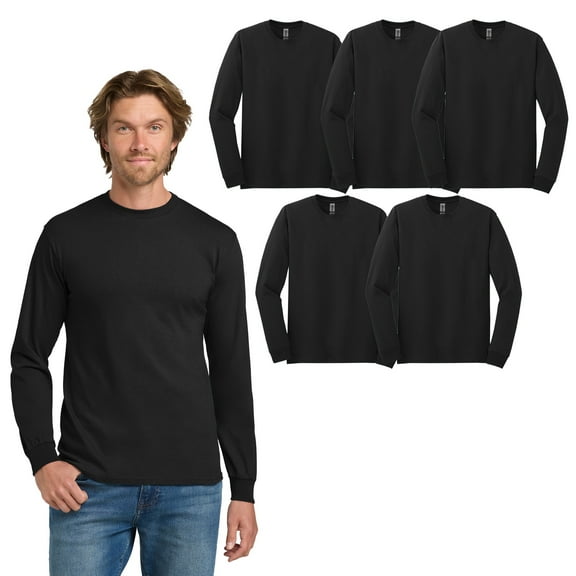 Gildan Heavy Cotton Men’s Long Sleeve Black Tee, Crewneck Casual T-Shirt, Comfortable, 5-Pack, M