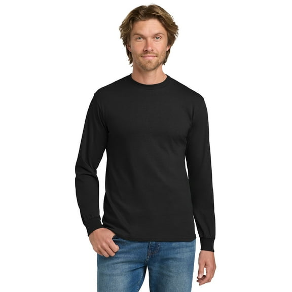 Gildan Heavy Cotton Men's Long Sleeve T-Shirt, Comfortable, Crewneck Classic Fit Tee, Black, L