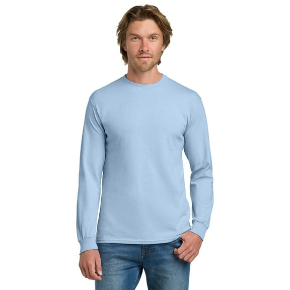 Gildan Heavy Cotton Men's Long Sleeve T-Shirt, Comfortable Crewneck Classic Fit Tee, Light Blue, XL