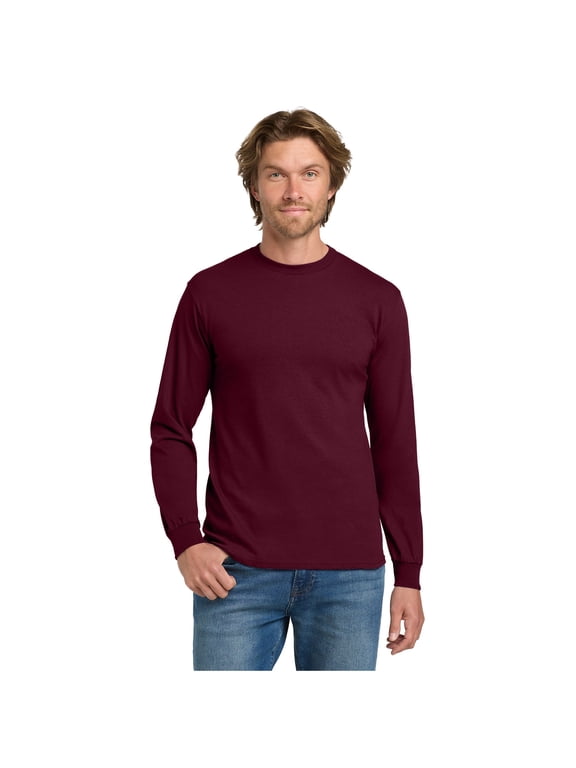Heavy Cotton Men's Long Sleeve T-Shirt, Comfortable, Crewneck Classic Fit Tee, Maroon, L