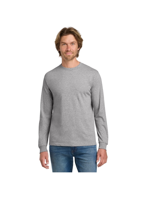 Heavy Cotton Men's Long Sleeve T-Shirt, Comfortable Crewneck Classic Fit Tee, Sport Grey, L