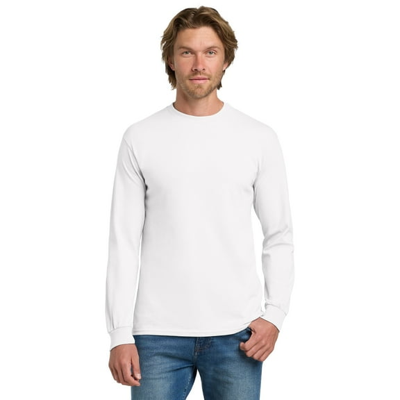 Gildan Heavy Cotton Men's Long Sleeve T-Shirt, Comfortable, Crewneck Classic Fit Tee, White, L