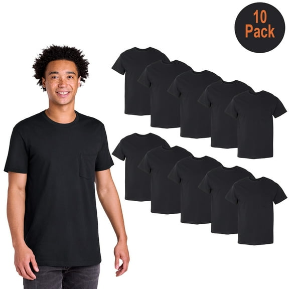 Gildan Heavy Cotton Men's Pocket T-Shirt, Short Sleeve Crew Neck, Classic Black Tee, L, 10 Pack