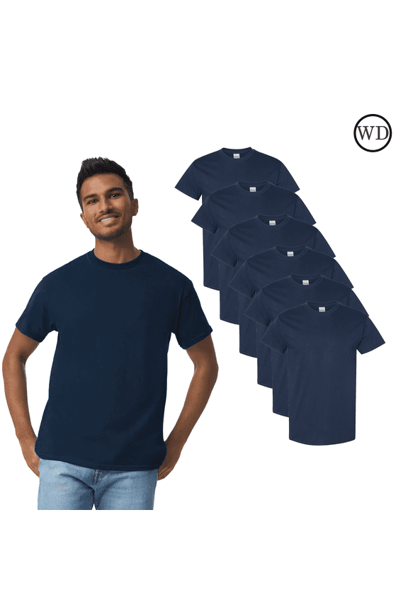 Heavy Cotton Men's T Shirt 6 Pack, Short Sleeve Crew Neck Classic Fit 100% Cotton Tee, Navy, L
