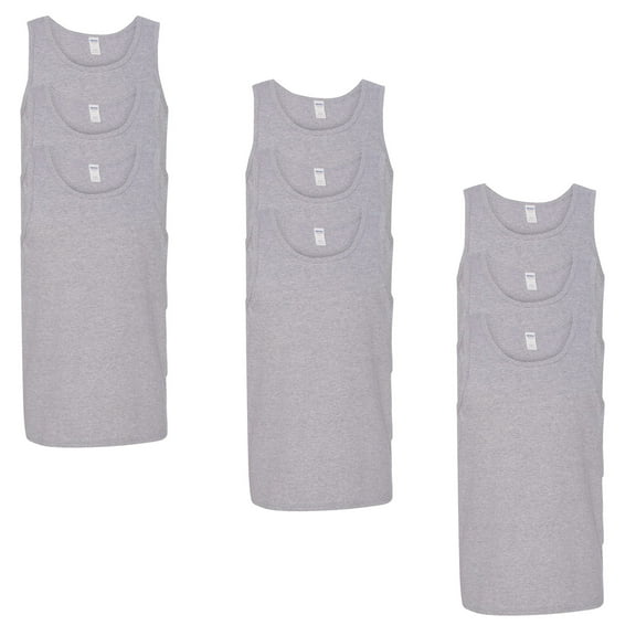 Gildan Heavy Cotton Men's Tank Top, Bound Neck Comfortable Sleeveless Tank, Sport Grey, 9 Pack, 3XL