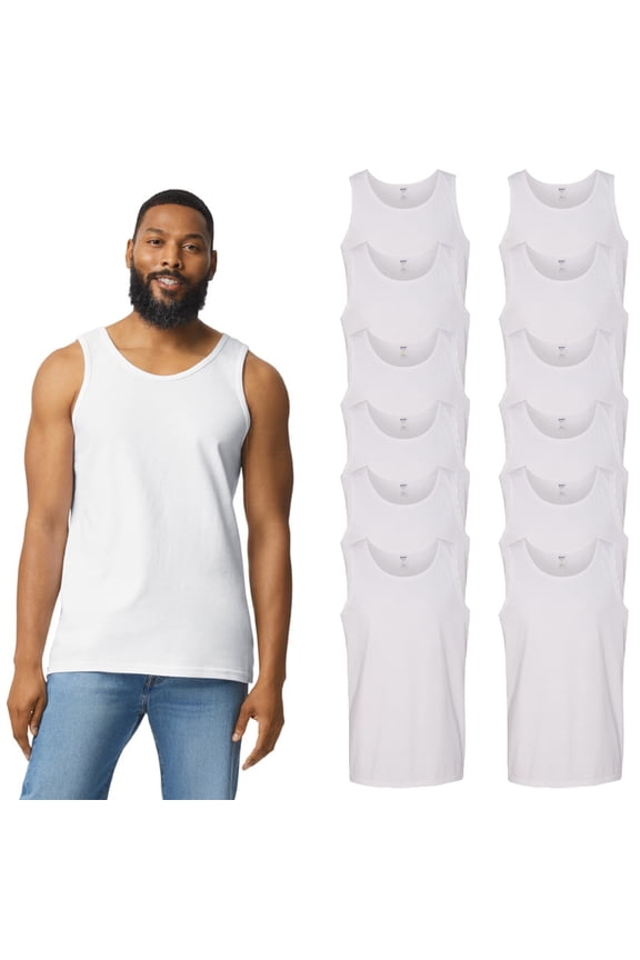 Heavy Cotton Men's Tank Top, Comfortable Sleeveless Undershirt, White, 12 Pack, L