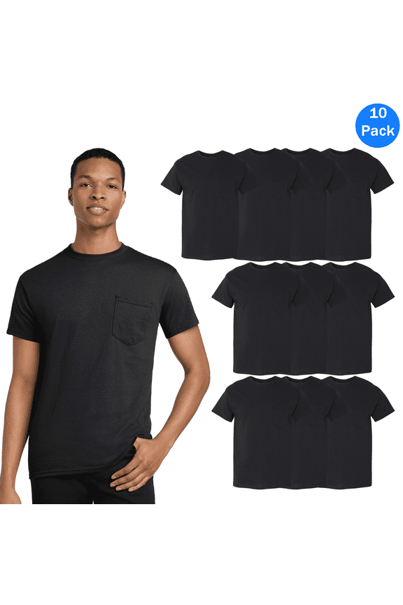Heavy Cotton Pocket Short Sleeve T-Shirt for Men, Rib Collar Casual Black Tee, 10 Pack, XL
