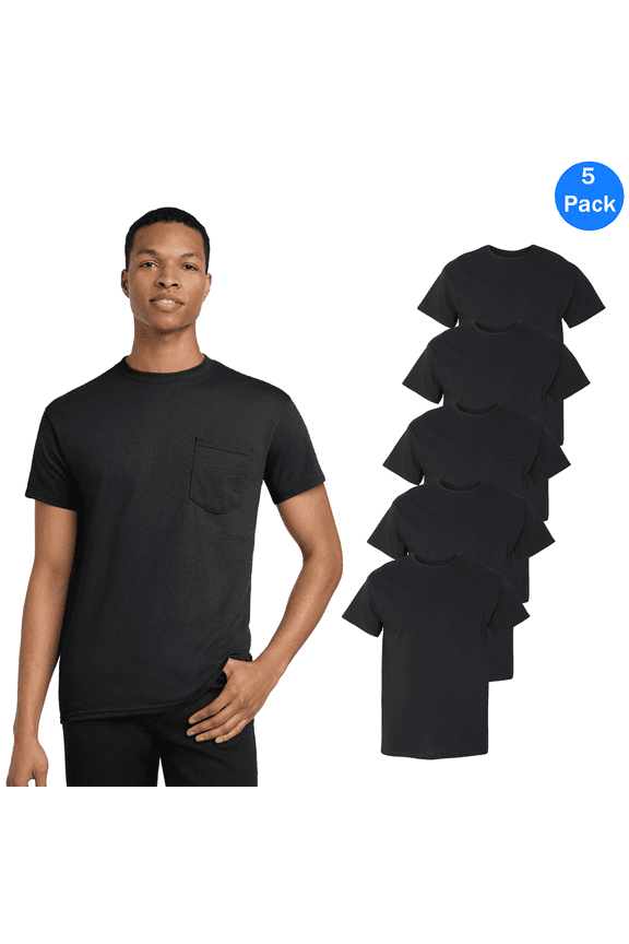Heavy Cotton Pocket Short Sleeve T-Shirt for Men, Rib Collar Casual Black Tee, 5 Pack, L