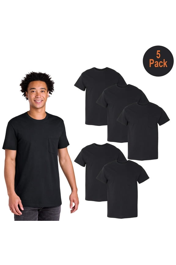 Heavy Cotton Pocket T-Shirt, Men's Short Sleeve Crew Neck Classic Fit Tee, Black, XL, 5 Pack