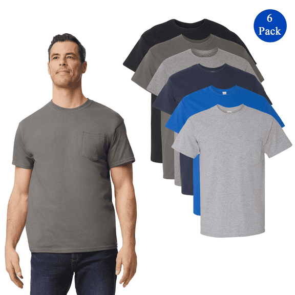 Gildan Heavy Cotton Pocket T-Shirt, Unisex Short Sleeve Crewneck 100 Cotton Classic Tee, 6 Pack, XL