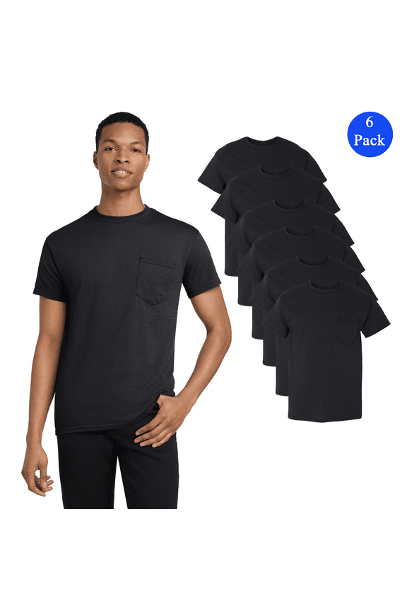 Heavy Cotton Pocket T-Shirt for Men, 6 Pack Short Sleeve Classic Fit Pocket Tee, Black, L