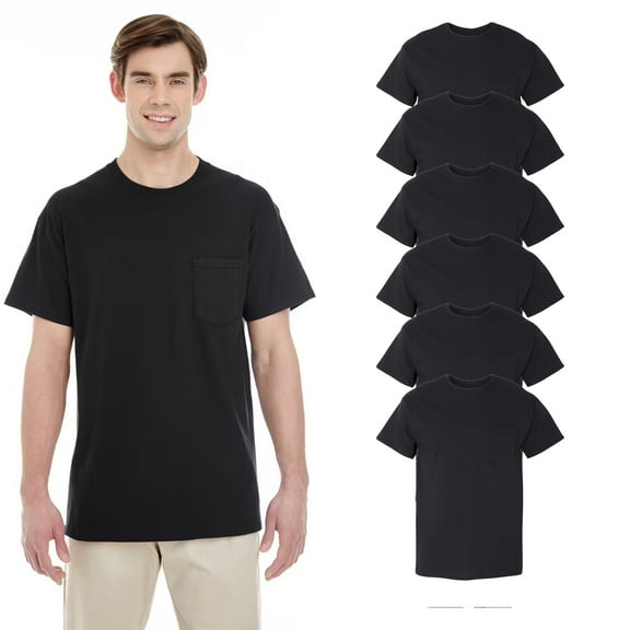 Gildan Heavy Cotton Pocket T-Shirt &nbsp;for Men, Short Sleeve Crewneck Classic Black Tee, 6 Pack, S
