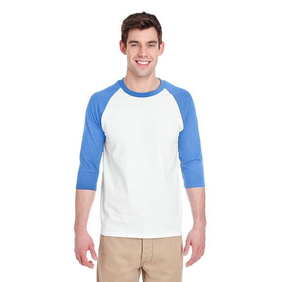 Gildan - Heavy Cotton Raglan Three-Quarter Sleeve T-Shirt - 5700, S, WHT/ CAROLNA BLU
