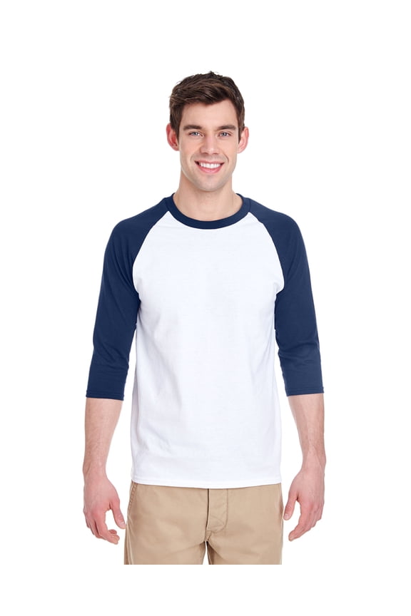 - Heavy Cotton Raglan Three-Quarter Sleeve T-Shirt - 5700, White/ Navy, L