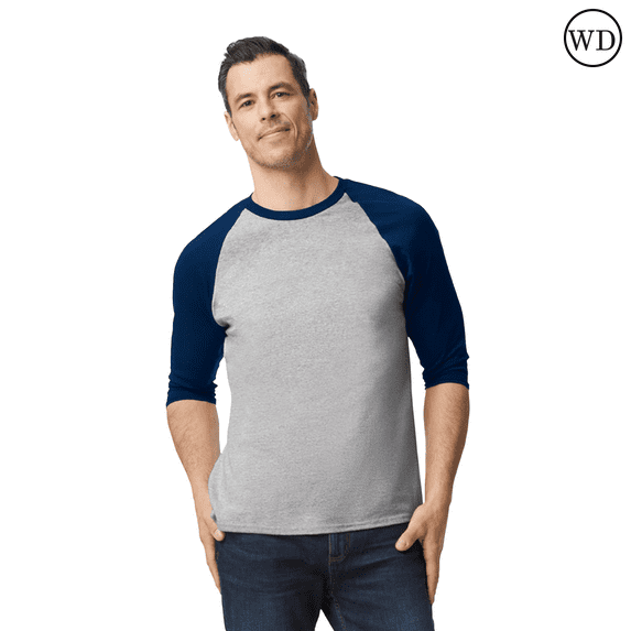 Gildan Heavy Cotton Raglan Three-Quarter Sleeve T-Shirt Unisex Classic fit Tee, Men's Raglan T-Shirt, Sport Grey/ Navy M