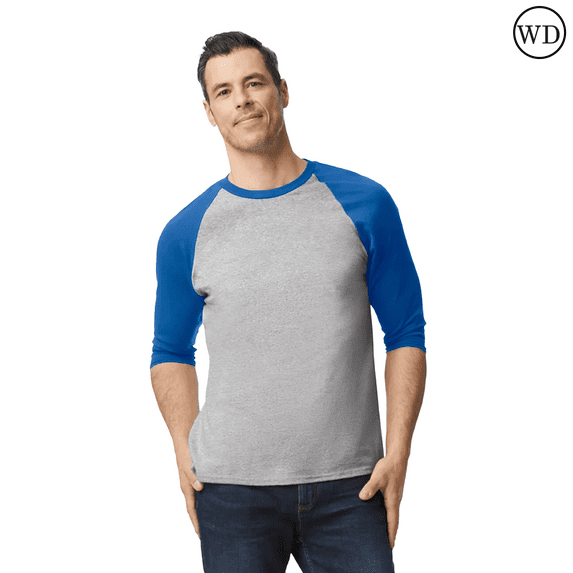 Gildan Heavy Cotton Raglan Three-Quarter Sleeve T-Shirt Unisex Classic fit Tee, Men's Raglan T-Shirt, Sport Grey/ Royal 2XL