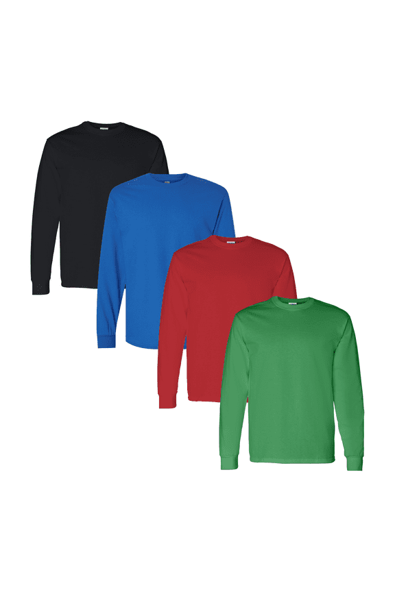 Heavy Cotton Rib Collar T-Shirt for Men, Long Sleeve Classic Fit Assorted Tee, 4 Pack, S