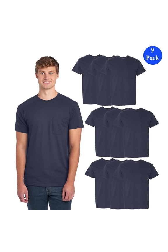 Heavy Cotton T-Shirt, Men's 9 Pack Short Sleeve Pocket Shirt, Navy Crew Tee, XL
