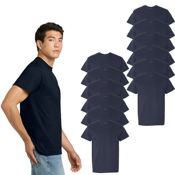 Gildan Heavy Cotton T-Shirt for Men, Men's Pocketed Shirt, Navy Tee, Pack of 12, L