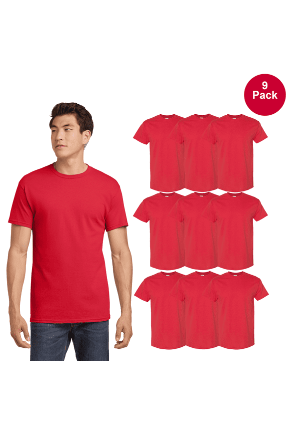 Heavy Cotton T-Shirt for Men, Short Sleeve Crew Neck Red Tee, Classic Fit L, 9 Pack
