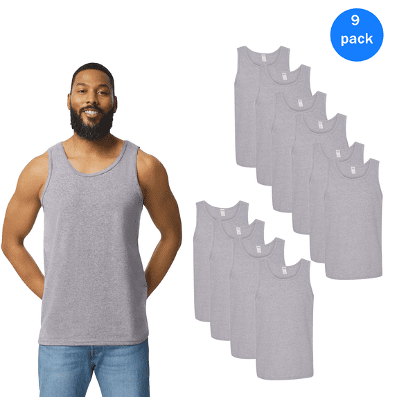 Gildan Heavy Cotton Tank Tops, Men's Sport Grey Sleeveless T Shirt, 9 Pack Size M