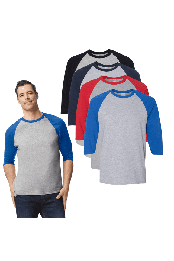 Heavy Cotton Three-Quarter Sleeve T-Shirt for Men’s GR57 Raglan Long Sleeve Shirt in Assorted Colors, Pack 4 S
