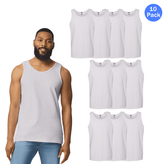 Gildan Heavy Cotton White Tank Top for Men, Summer Sleeveless Shirt 10 Pack Sports Muscle Gym Undershirt, Size 3XL