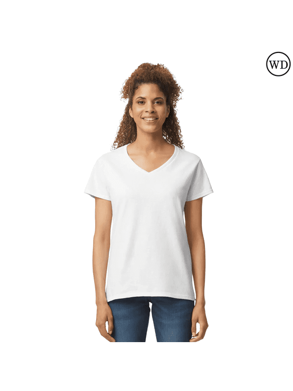 Heavy Cotton Women’s V-Neck T-Shirt, 100% Cotton, Soft & Durable, Semi-Fitted, White, L