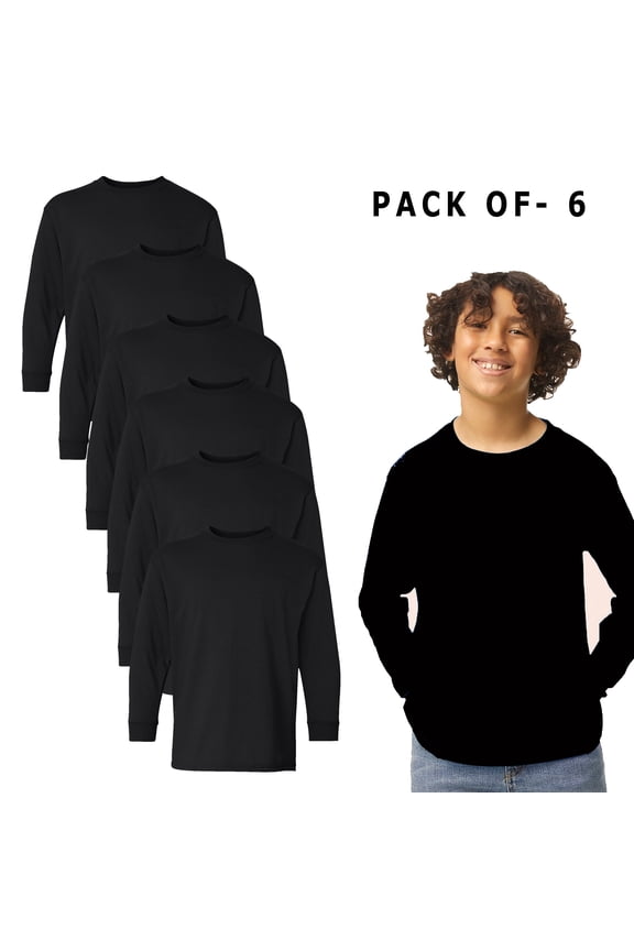 Heavy Cotton™ Youth Long Sleeve T-Shirt - Black Long Sleeve Youth - Bulk Tee | 100% Cotton | Black | Size M - Pack of 6