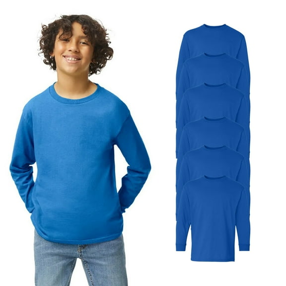 Gildan - Heavy Cotton Youth Long Sleeve T-Shirt, Royal Color For Men, Soft & Durable Comfort, Arts and Craft, Rib collar, Size: XS-XL, Pack-6