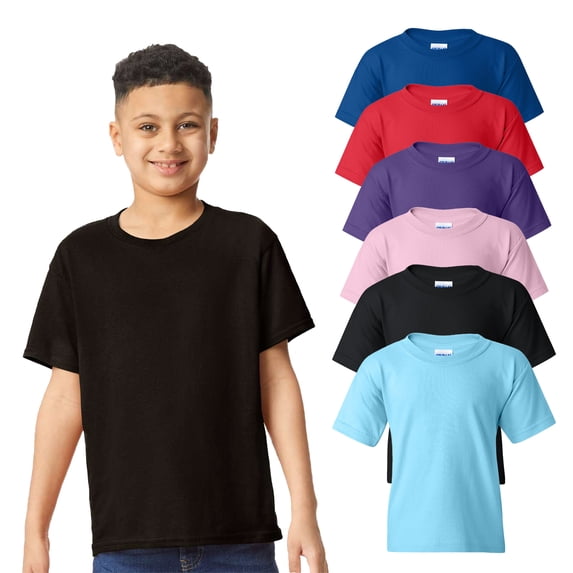 Gildan- Heavy Cotton Youth Short Sleeve T-Shirt | 5.3 oz, Classic Width Youth T, Rib Collar Kids T-Shirt, Assorted Color Kids Tees, Mixed Color Bulk- 6 Pack Tees | Size Medium