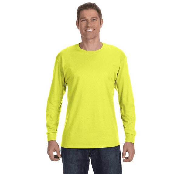 Gildan Hi Vis Long Sleeve Heavy Cotton T-Shirt for Men, Crew Neck Workwear Tee, Safety Green, S
