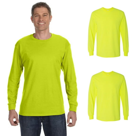 Gildan Hi-Vis Long Sleeve Safety T-Shirt, High Visibility 50/50 Cotton/polyester Workwear, in Green, Pack of 2, S
