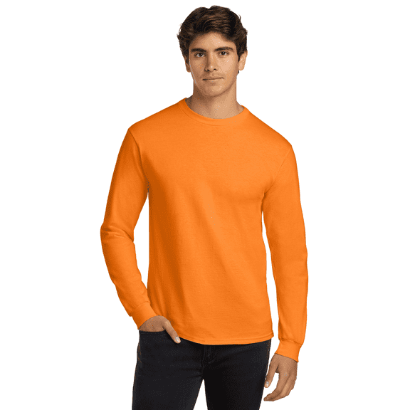 Gildan Hi-Vis Long Sleeve Safety T-Shirt, Men's Taped Neck Classic Safety Orange Workwear, M