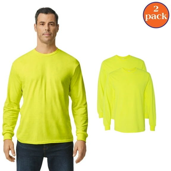 Gildan Hi Vis Long Sleeve Work Wear for Men, Outdoor Work Safety Shirt, Safety Green, Pack 2, L