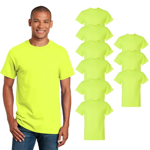 Gildan Hi-Vis Men Short Sleeve Work Safety Green T-Shirt, 50/50 Cotton/Poly, 9 Pack, XL
