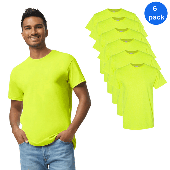 Gildan - Hi Vis Men’s Short Sleeve T Shirt with Safety Green 6 Pack Size – XL | High Visibility Work Tee 50/50 Cotton/polyester