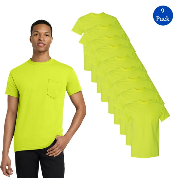 Gildan Hi-Vis Safety Crewneck T-Shirt, Men's Short Sleeve Safety Green Pocket Tee, 9 Pack, 2XL