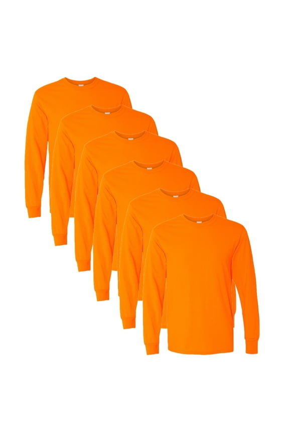 ® High Visibility Safety Long Sleeve T-Shirt For Men, 50/50 Cotton/Polyester Hi Vis Fire Dept Work Tees (Safety Orange 6 Pack, Size - XL)