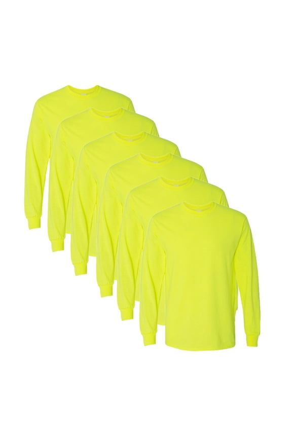 ® High Visibility Safety Long Sleeve T-Shirt For Men, 50/50 Cotton/Polyester Hi Vis Fire Dept Work Tees (Safety Green 6 Pack, Size - M)