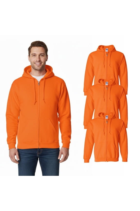 Hi-Vis Safety Orange Full-Zip Hoodie, Men's Zip Jacket Work Hooded Sweatshirt, 3 Pack, XL