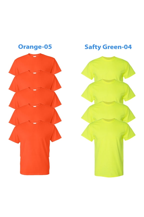 DryBlend High Visibility Safety Short Sleeve T-Shirts, 50/50 Cotton/Polyester Fire Dept Hi Vis Work tees, Color Safety Green and Orange, (Green and Orange 9 Pack, M)