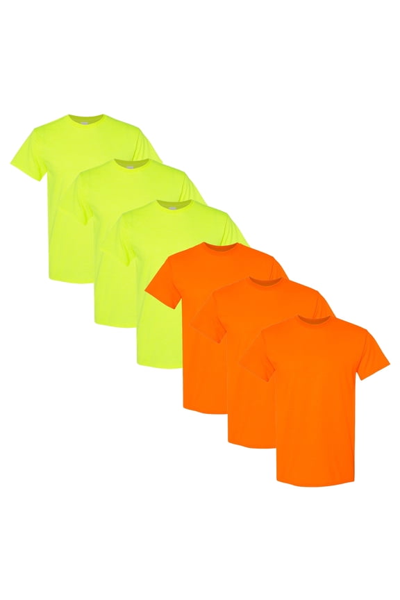 Hi Vis Safety T-Shirt, Men High Visibility Short Sleeve Green and Orange Workwear Tee, XL, 6 Pack