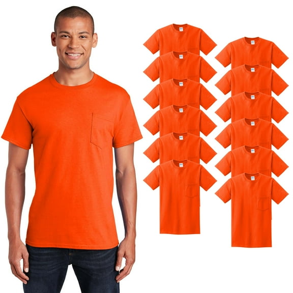 Gildan Hi-Vis Ultra Cotton Pocket T-Shirt, Short Sleeve Safety Orange Workwear for Men, 12 Pack, S