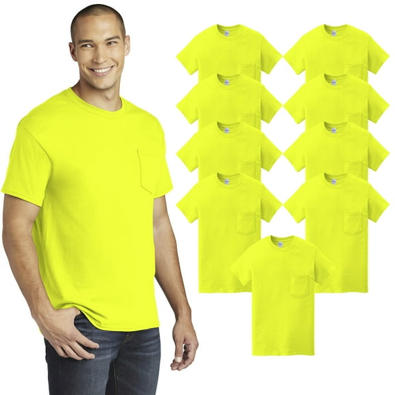 Gildan Hi Vis Work T-Shirt for Men, Short Sleeve Pocket Tee, Heavy Cotton, Safety Green, 9 Pack, L