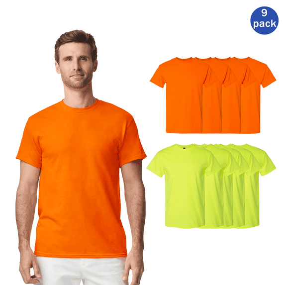 Gildan Hi Vis Workwear T-Shirt, Men Short Sleeve High Visibility Safety Green and Orange Tee, 5XL, 9 Pack