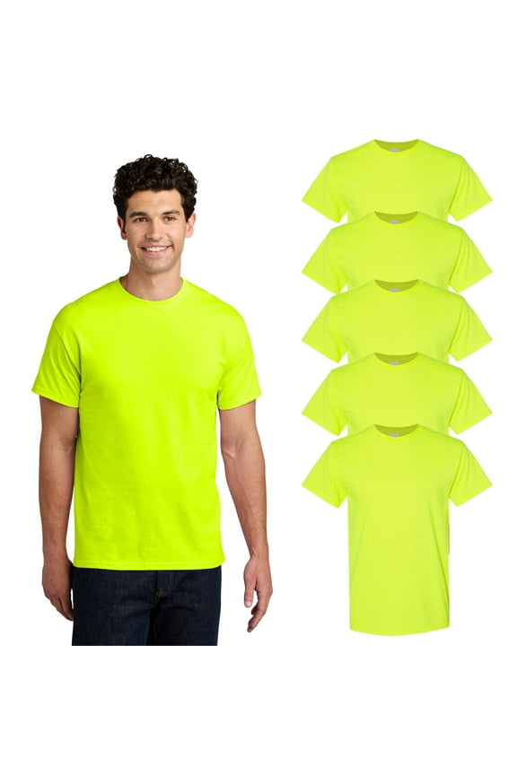 Hi Vis Workwear T-shirt, Men Short Sleeve Crewneck High Visibility Safety Green Tee, L, 5 Pack
