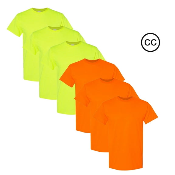Gildan Men's High Visibility Short Sleeve Safety Work Shirt, 50/50 Cotton/Polyester Safety Shirt, (Safety Green and Orange 6Pcs, Size - L)