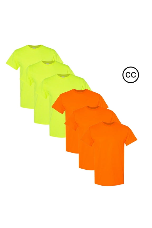 Men's High Visibility Short Sleeve Safety Work Shirt, 50/50 Cotton/Polyester Safety Shirt, (Safety Green and Orange 6Pcs, Size - L)